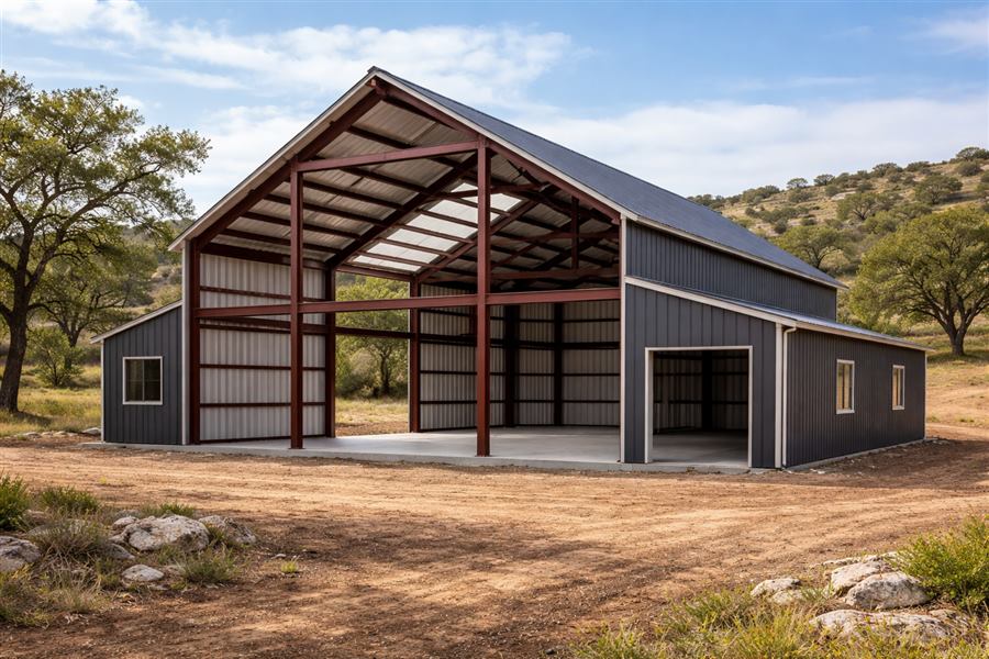 Open steel-frame pole barn under construction, exposed structural I-beams