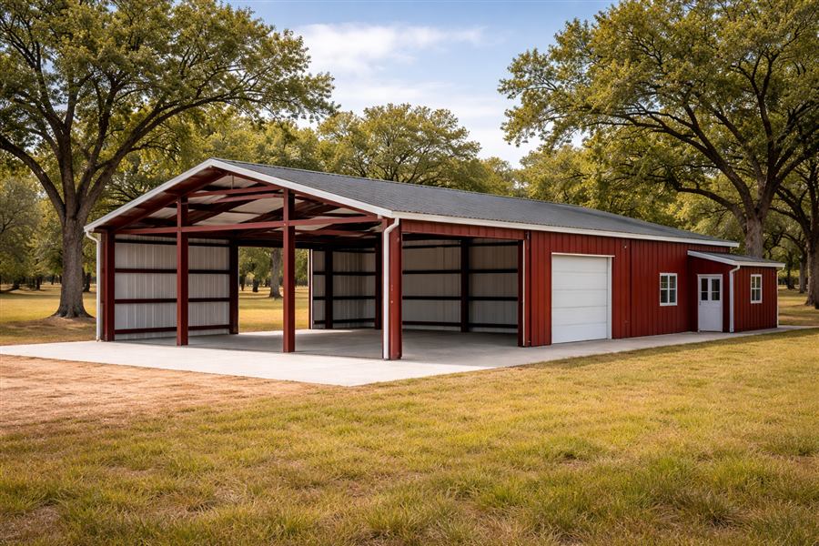 Completed metal pole barn with steel framing, siding, and doors
